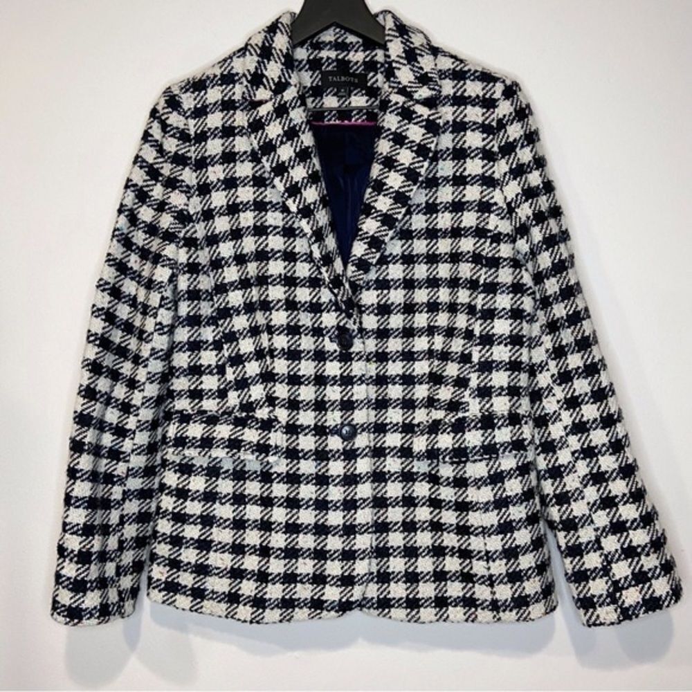 Talbots wool blend Gingham blazer navy‎ & cream houndstooth rainbow speckles 16
